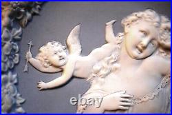 Set 2 Antique SCHAFER & VATER Blue Jasperware Wall Plaque Dishes CUPIDS/WOMEN 3D