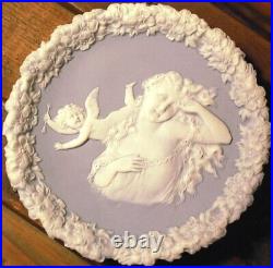 Set 2 Antique SCHAFER & VATER Blue Jasperware Wall Plaque Dishes CUPIDS/WOMEN 3D
