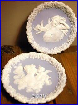 Set 2 Antique SCHAFER & VATER Blue Jasperware Wall Plaque Dishes CUPIDS/WOMEN 3D