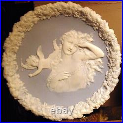 Set 2 Antique SCHAFER & VATER Blue Jasperware Wall Plaque Dishes CUPIDS/WOMEN 3D