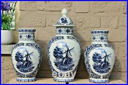 Set 3 Vintage DELFT blue white pottery Mill landscape dutch Vases mantel