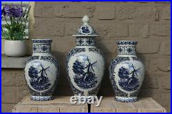 Set 3 Vintage DELFT blue white pottery Mill landscape dutch Vases mantel