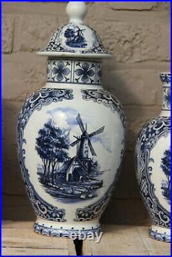 Set 3 Vintage DELFT blue white pottery Mill landscape dutch Vases mantel