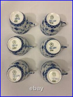 Set (6) Royal Copenhagen Blue Fluted Full Lace Coffee Tea Mocha Cups 1035
