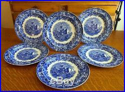 Set 6 Wedgwood Ferrara Blue And White 10 Dinner Plates Ship Scene England