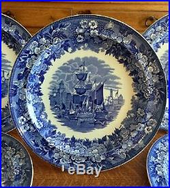 Set 6 Wedgwood Ferrara Blue And White 10 Dinner Plates Ship Scene England