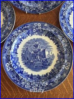 Set 6 Wedgwood Ferrara Blue And White 10 Dinner Plates Ship Scene England