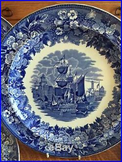 Set 6 Wedgwood Ferrara Blue And White 10 Dinner Plates Ship Scene England