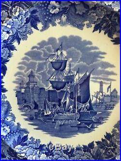 Set 6 Wedgwood Ferrara Blue And White 10 Dinner Plates Ship Scene England