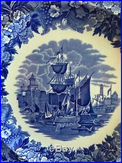 Set 6 Wedgwood Ferrara Blue And White 10 Dinner Plates Ship Scene England