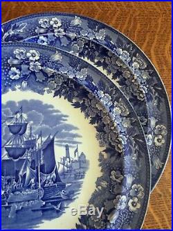 Set 6 Wedgwood Ferrara Blue And White 10 Dinner Plates Ship Scene England