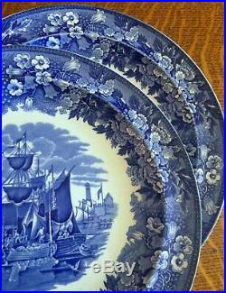 Set 6 Wedgwood Ferrara Blue And White 10 Dinner Plates Ship Scene England