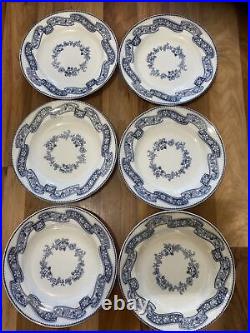 Set Of 6 Minton Blue & White Ribbon Wreath 26.5cm Dinner Plates Dating To 1851