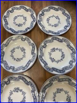 Set Of 6 Minton Blue & White Ribbon Wreath 26.5cm Dinner Plates Dating To 1851