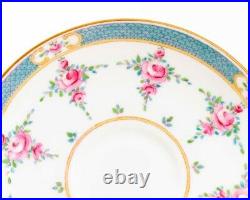 Set of 12 Minton China Persian Rose Saucer Plates 5.75 Aqua Rim & Pink Roses