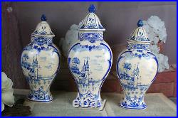 Set of 3 Delft blue white pottery vases lidded Landscape scene marked