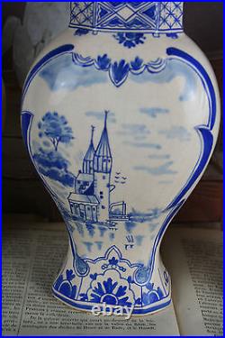 Set of 3 Delft blue white pottery vases lidded Landscape scene marked