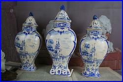 Set of 3 Delft blue white pottery vases lidded Landscape scene marked