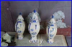 Set of 3 Delft blue white pottery vases lidded Landscape scene marked