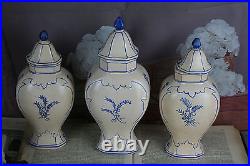 Set of 3 Delft blue white pottery vases lidded Landscape scene marked