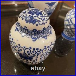 Set of 3 Floral Blue and White Ceramic Ginger Jar with Lids