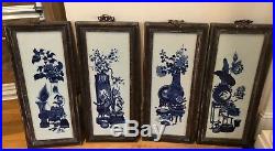 Set of 4 Antique Chinese Blue & White Pottery Panels Four Seasons