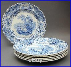 Set of 6 19thC Blue & White PLATES Spanish Beauties Antique Staffordshire