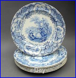 Set of 6 19thC Blue & White PLATES Spanish Beauties Antique Staffordshire