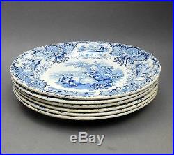 Set of 6 19thC Blue & White PLATES Spanish Beauties Antique Staffordshire