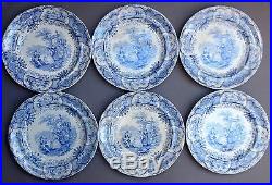 Set of 6 19thC Blue & White PLATES Spanish Beauties Antique Staffordshire