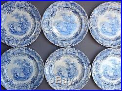 Set of 6 19thC Blue & White PLATES Spanish Beauties Antique Staffordshire