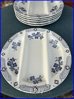 Set of 6 Antique French Porcelain LUNEVILLE Blue & White Asparagus Plates c1920s