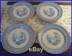 Set of 8 Antique Circa 1840 Blue & White English Plates Chinese Villa Nice