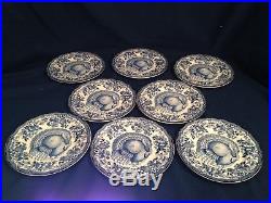 Set of 8 Royal Staffordshire Clarice Cliff Blue & White Turkey Dinner Plates