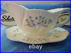 Shelley Blue Rock Flowers Dainty Gravy Bowl And Under Plate 13591 Blue Trim