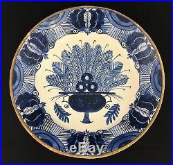 Signed Dutch Delft Peacock pattern Charger Blue White Wall Plate 13.75 18th C