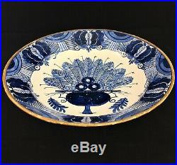 Signed Dutch Delft Peacock pattern Charger Blue White Wall Plate 13.75 18th C