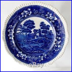 Six (6) Antique Spode Blue Tower Gadrooned Dinner Plates Blue And White English