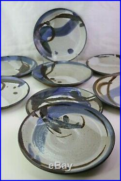 Studio Art 8 Dinner Plates Brown Pottery Specked Brown Blue White Glaze M Howard