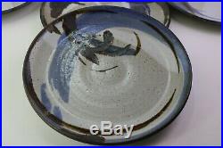 Studio Art 8 Dinner Plates Brown Pottery Specked Brown Blue White Glaze M Howard