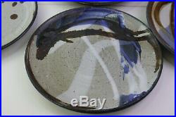 Studio Art 8 Dinner Plates Brown Pottery Specked Brown Blue White Glaze M Howard