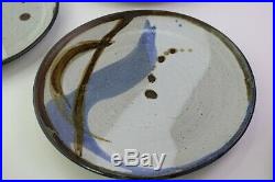 Studio Art 8 Dinner Plates Brown Pottery Specked Brown Blue White Glaze M Howard