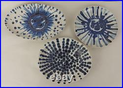 Studio Pottery Plates Bundle 3x Abstract White Blue Signed on Base