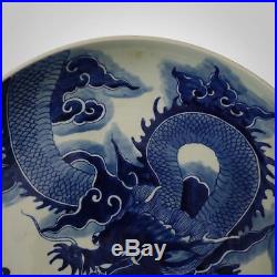 Super Large KangXi Marked Rare Old Chinese Blue&White Porcelain Dragons Plate