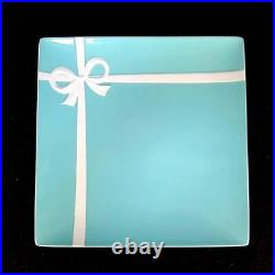 TIFFANY & Co Square Plate Ribbon Blue Box White With Tableware 24.5cm Japan New