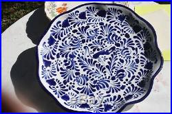 Talavera Pottery, signed V. Perez scalloped plate, bowl, Blue & White, CRANE