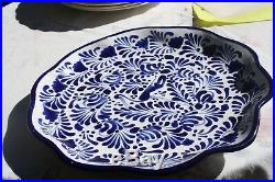 Talavera Pottery, signed V. Perez scalloped plate, bowl, Blue & White, CRANE