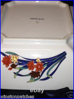 Tiffany & Co Freesia Tic51 Square Bowl 8 1/2 Floral Design Blue Trim