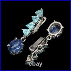 Unheated Oval Blue Kyanite Apatite White Gold Plate 925 Sterling Silver Earrings