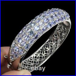 Unheated Oval Blue Tanzanite 14K White Gold Plate 925 Sterling Silver Bangle